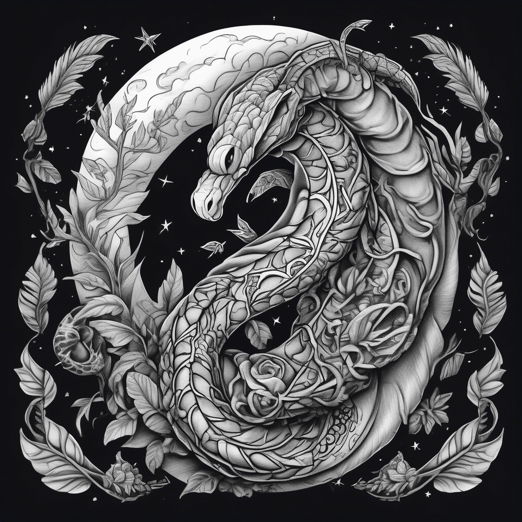 A Whimsical halfmoon with a cute detailed boa constrictor wrapped around the moon