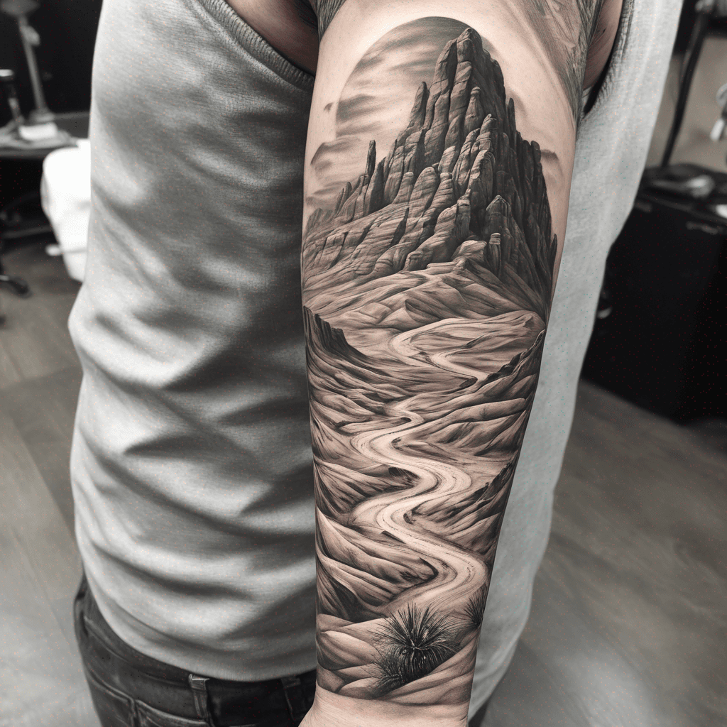 Judean desert landscape tattoo wrapping around the forearm