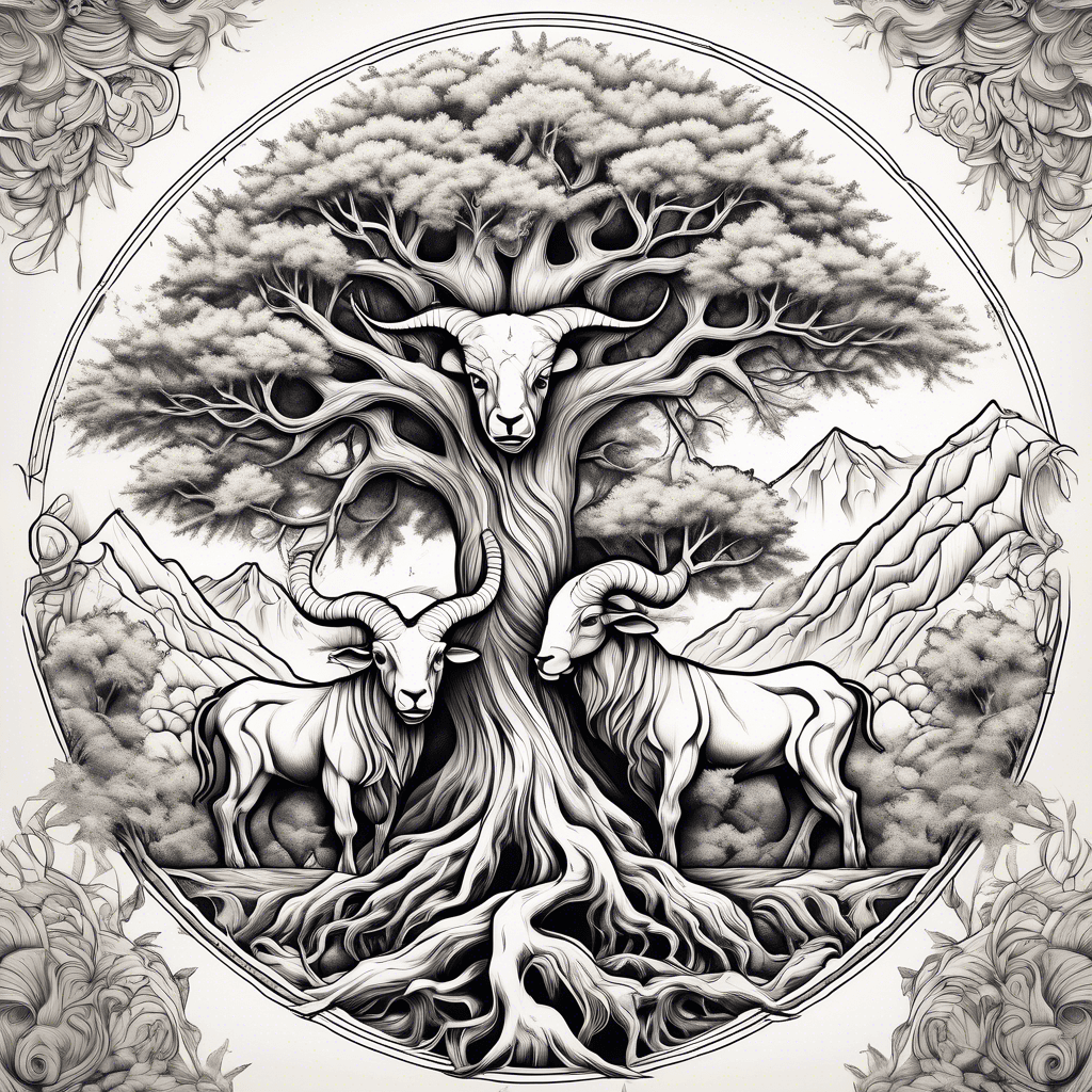 Tree of life with mountain and waterfall with bull and ram