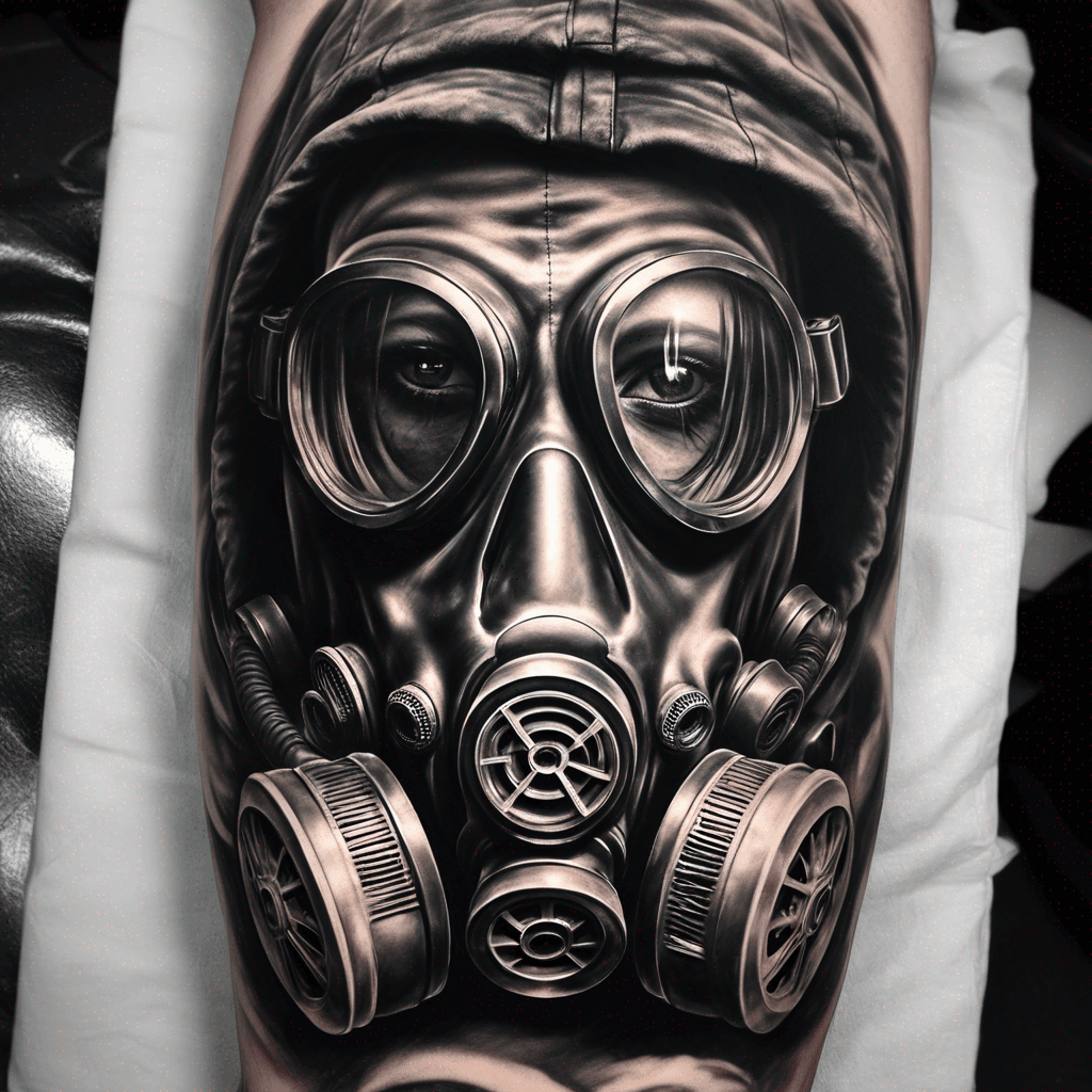 Gas mask with sunglasses reflecting atomic bomb explosion