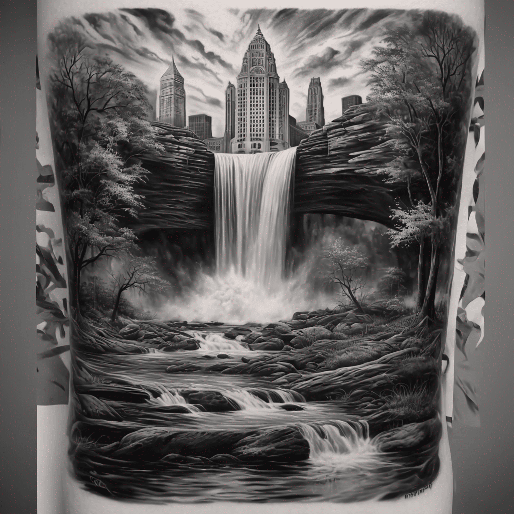 Cleveland metropark waterfall. The water fades into the chicago skyline