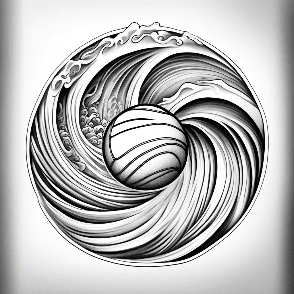 A swirling circular wave, with a calm, centered water polo ball inside. Phrase along the wave’s flow “Elementum meum aqua est”