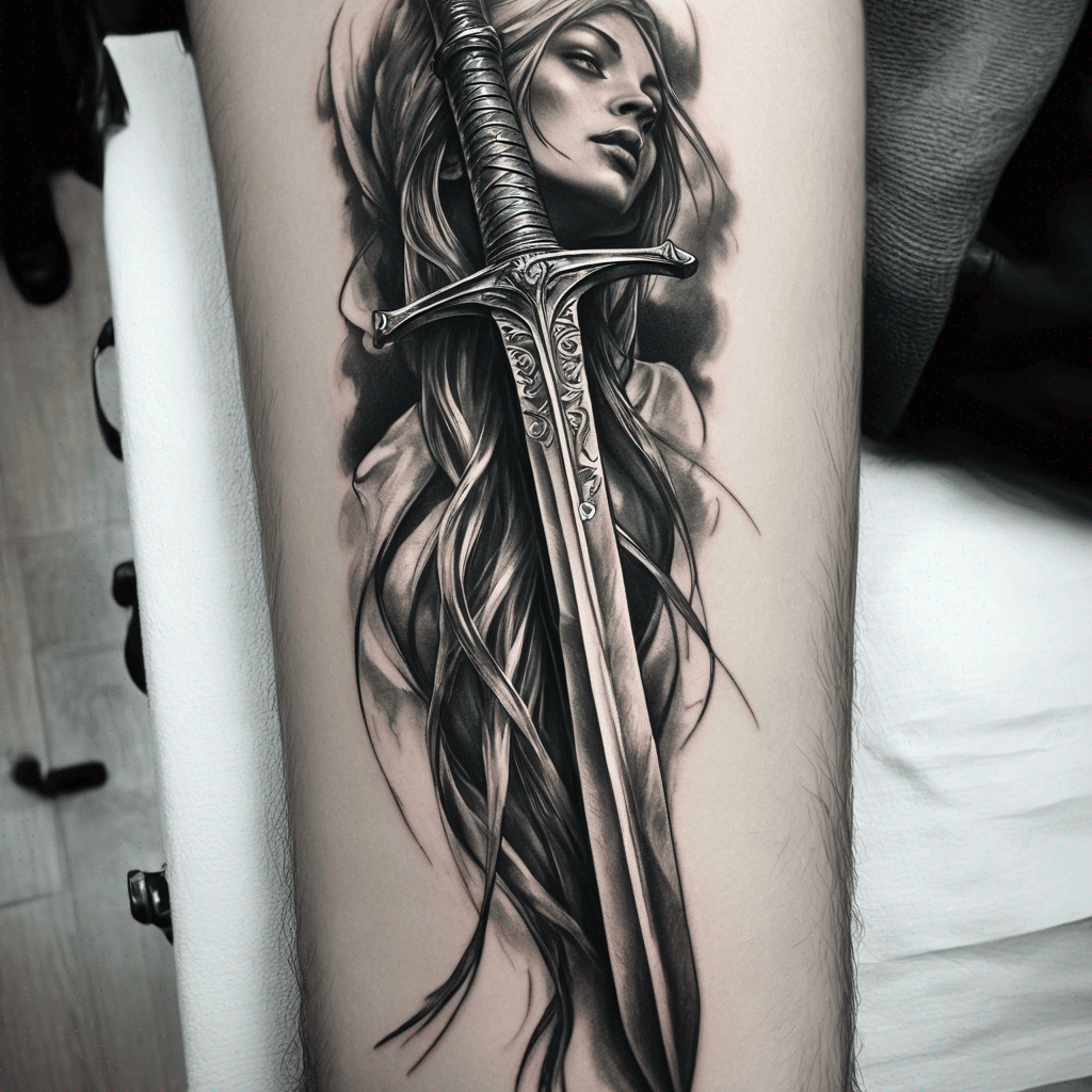 Medieval bastard sword pointed downwards with a scale hanging down from the hilt