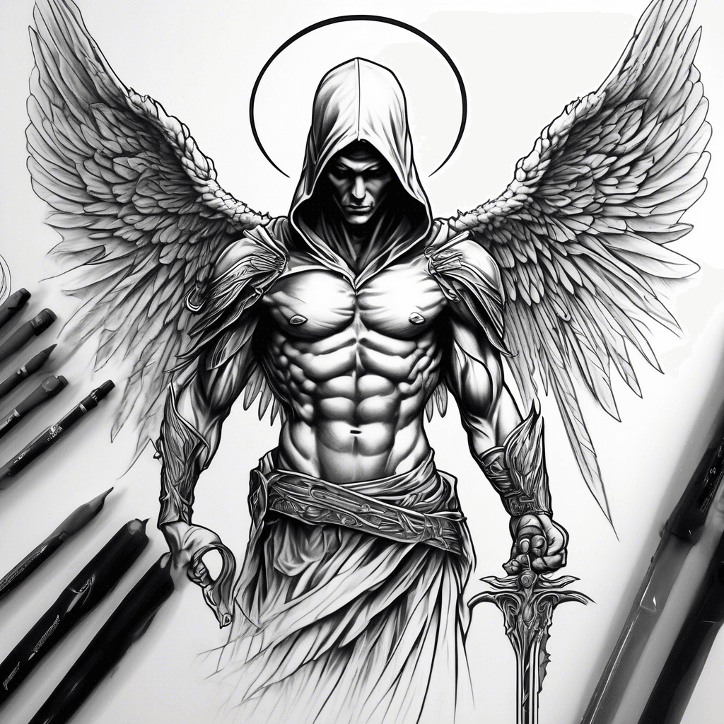 A dark angel with a hood no visble face and big wings on his back holding a sword shoeing his side