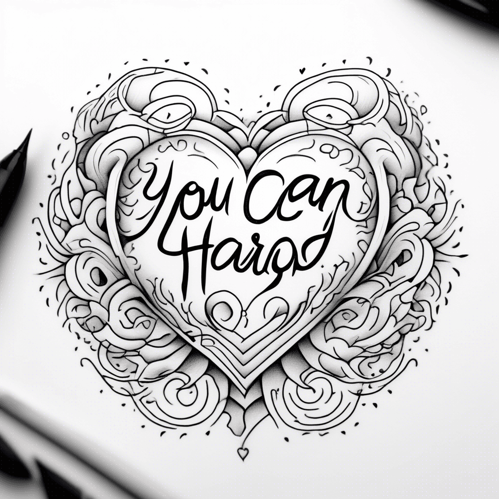 "you can do hard things" in a simple curvy text inside one lined thin curvy sharp heart that cuts off, opens, the text gets longer, flows out the hearts open cuts. minimalistic simple