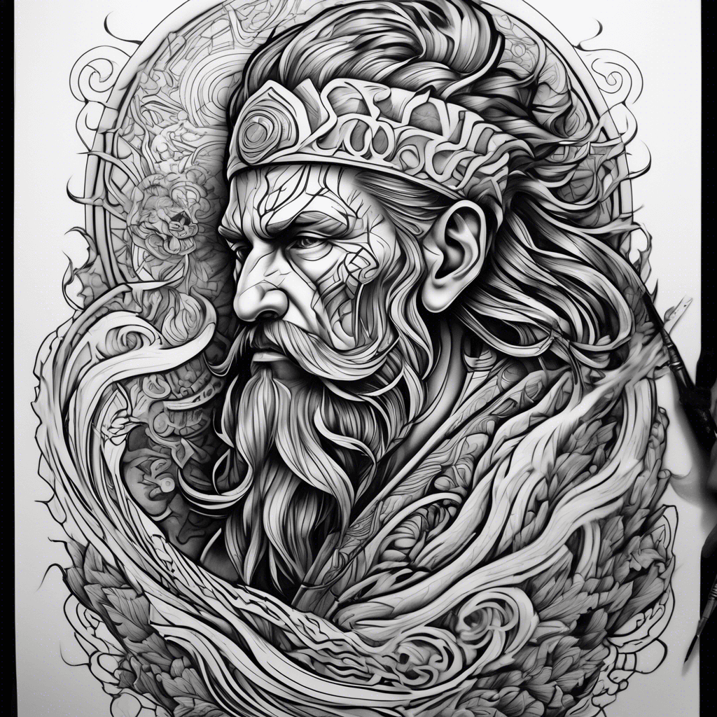 A side on full-body of a druid, holding a paintbrush and skillfully painting a geometric wave pattern onto the background.