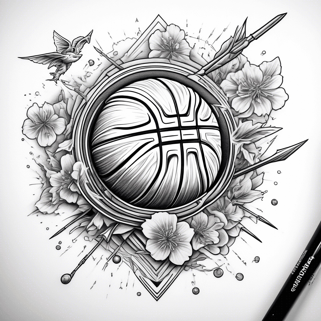 A basketball that comes out of a bow and arrow in space. Around there are planets in the form of a realistic basketball