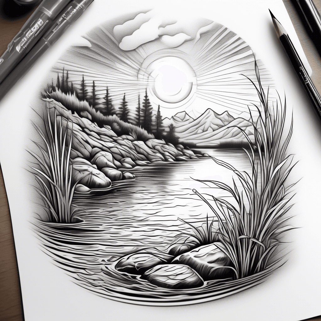 a river with riverbank. on the bank, a sturdy rock, a tall reed and sunbeams shining on all of it.
