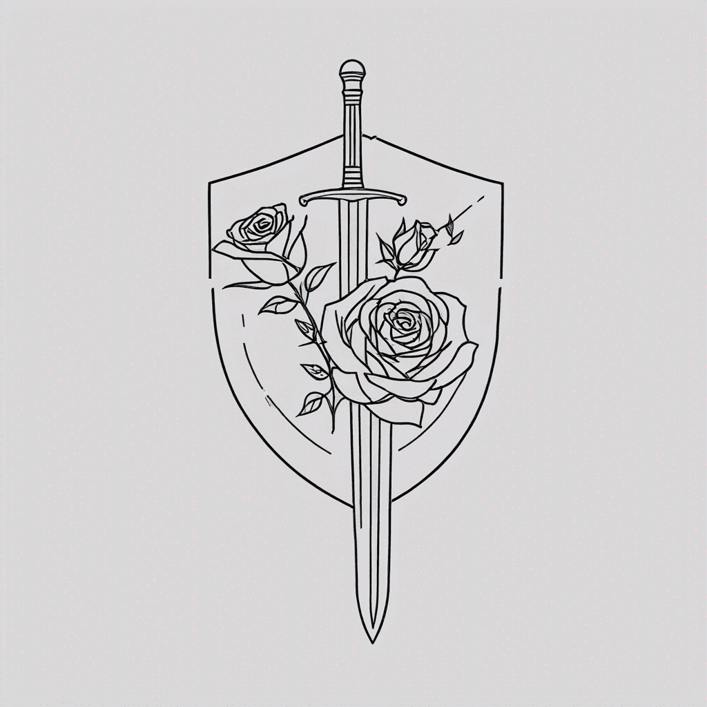 Roman gladiator battle sword and combat shield and rose