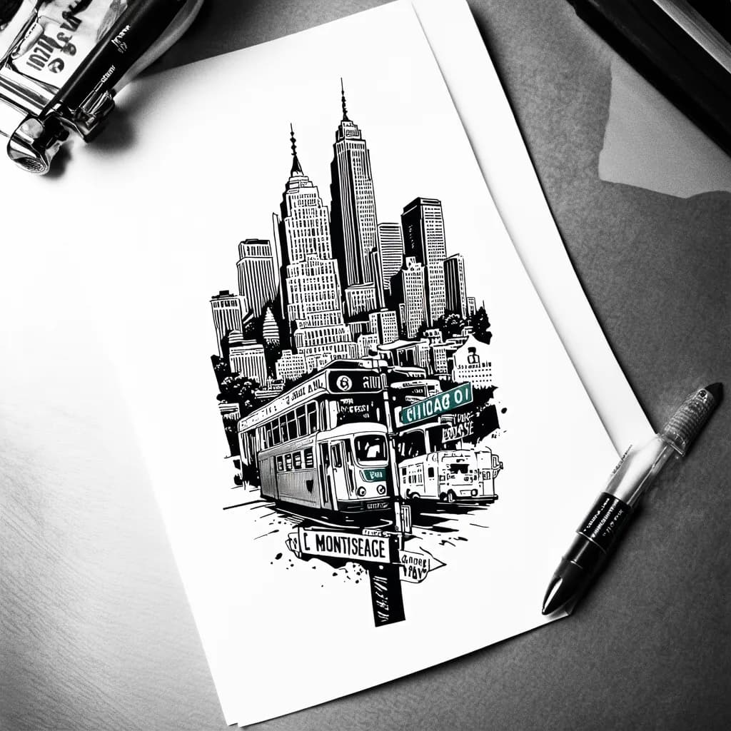 Disegno di tatuaggio Chicago tattoo with the El train and several of the Chicago… generato con IA
