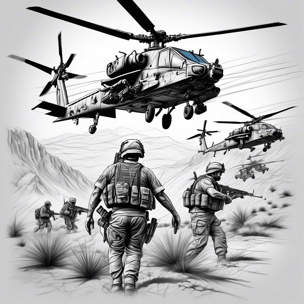 Infantry combat scene in Iraq with a Apache helicopter