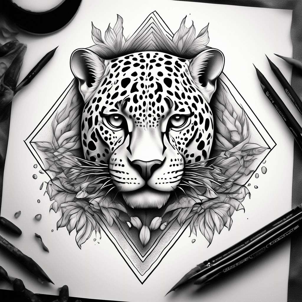 Create a tattoo with a realistic jaguar face that is framed within a downward-pointing triangle. Surrounding the outer edges of this triangle are stylized lines forming a flowing river These lines flow gracefully and culminate at the bottom apex of the triangle, transforming into a cascading waterfall. The water appears to pour directly from the triangle's point. From behind the jaguar and the triangle, a corona of sharp, elegant sun rays radiates outwards and upwards. These rays could be a mix of longer, defining lines and shorter, more subtle ones, creating a powerful burst of light.