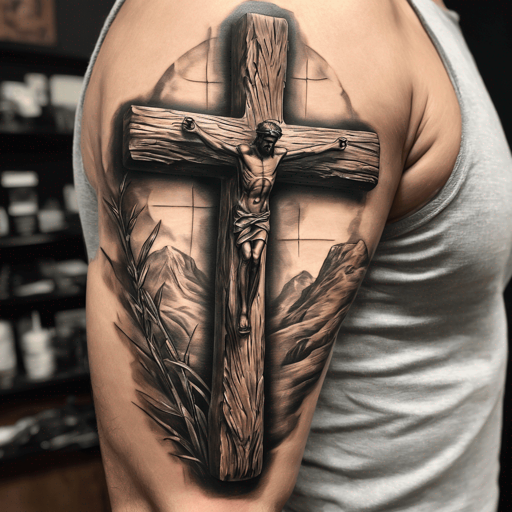 wooden cross on inside of bicep with Jeremiah carved in it