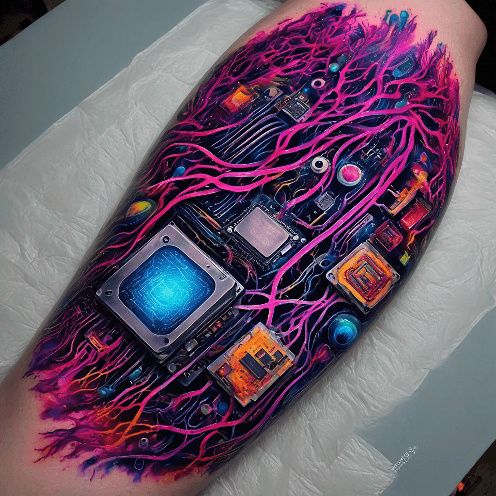 main computer board comprised of neon colored guts and veins