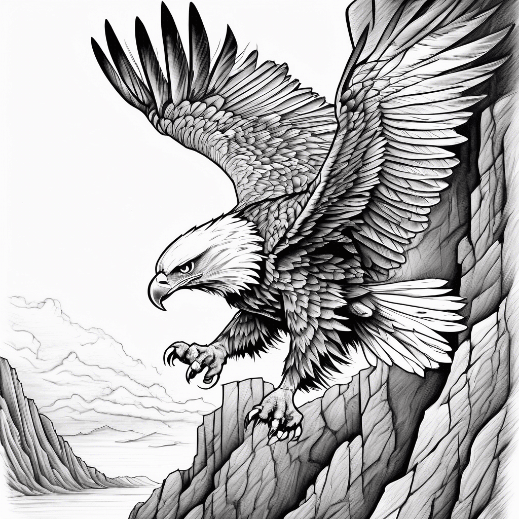 Lone eagle soaring above a cliff, broken chain below, clean lines, high contrast, black and white, for forearm, no clutter, symbolizes strength, solitude, freedom.
