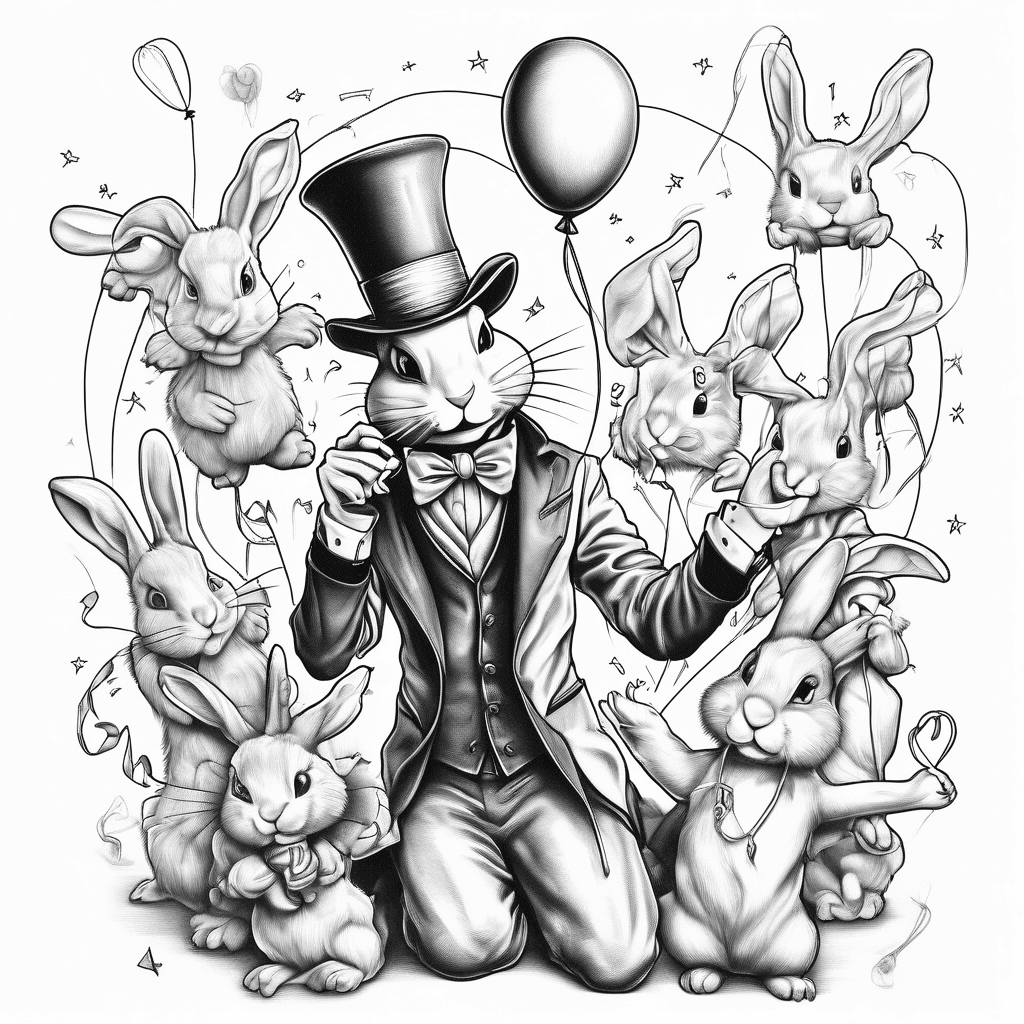 A silly looking magician holding 4 balloon animals on a string, each string spells a different name. Names: Jeremiah, Kihri, Kylee, Brielle. In the magicians left hand has a top hat sitting in the palm of his hand with a silly bunnies head poking out. The bunny's ears are in the shape of a heart and is wearing glasses.