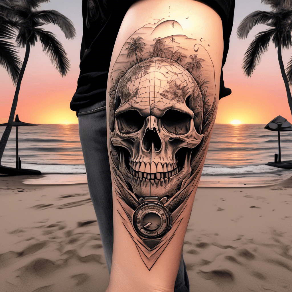 left arm, half sleeve, a skull at the top with a radiation sign in the left eye socket, an alligator below it. Below the alligator a beach at sunset with palm trees on either side with a garden flamingo in the sand