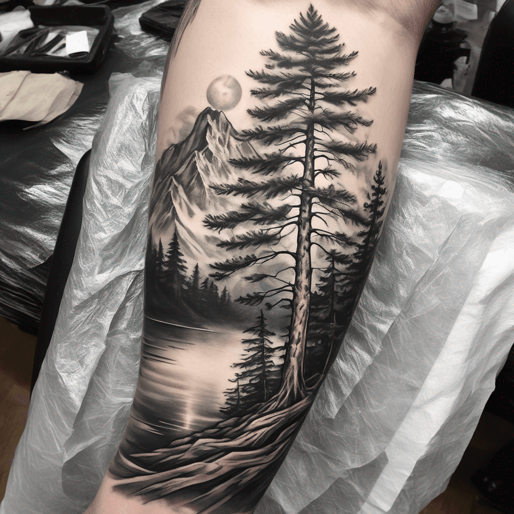 Black and gray realistic half-sleeve tattoo featuring a tall pine tree with roots forming "SD", "CD", "AD", "GD", a winding path, distant mountains, a calm lake, a small firepit with glowing flames, and birds in flight, all designed to wrap elegantly around the forearm.