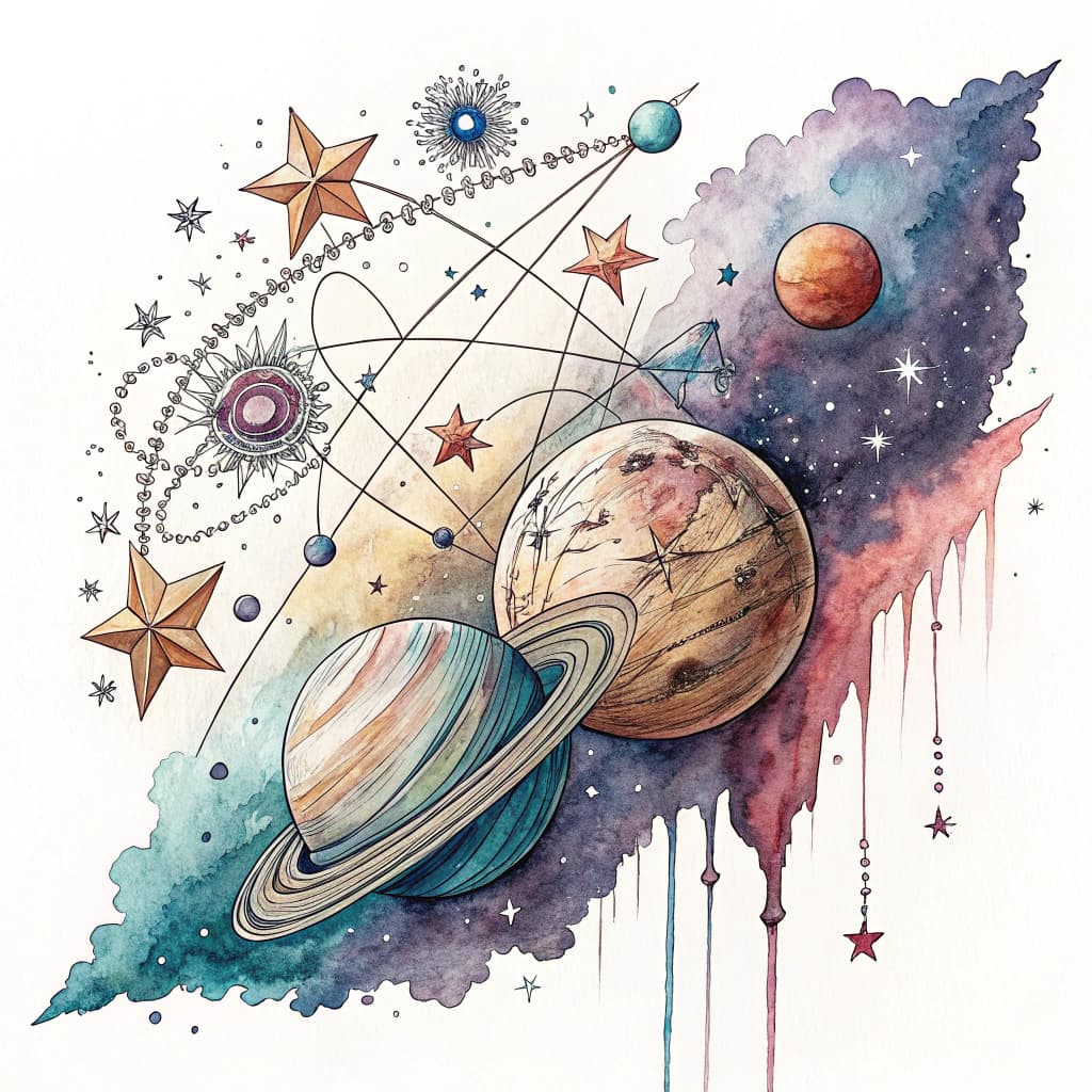 Line art of a celestial scene with stars and planets.