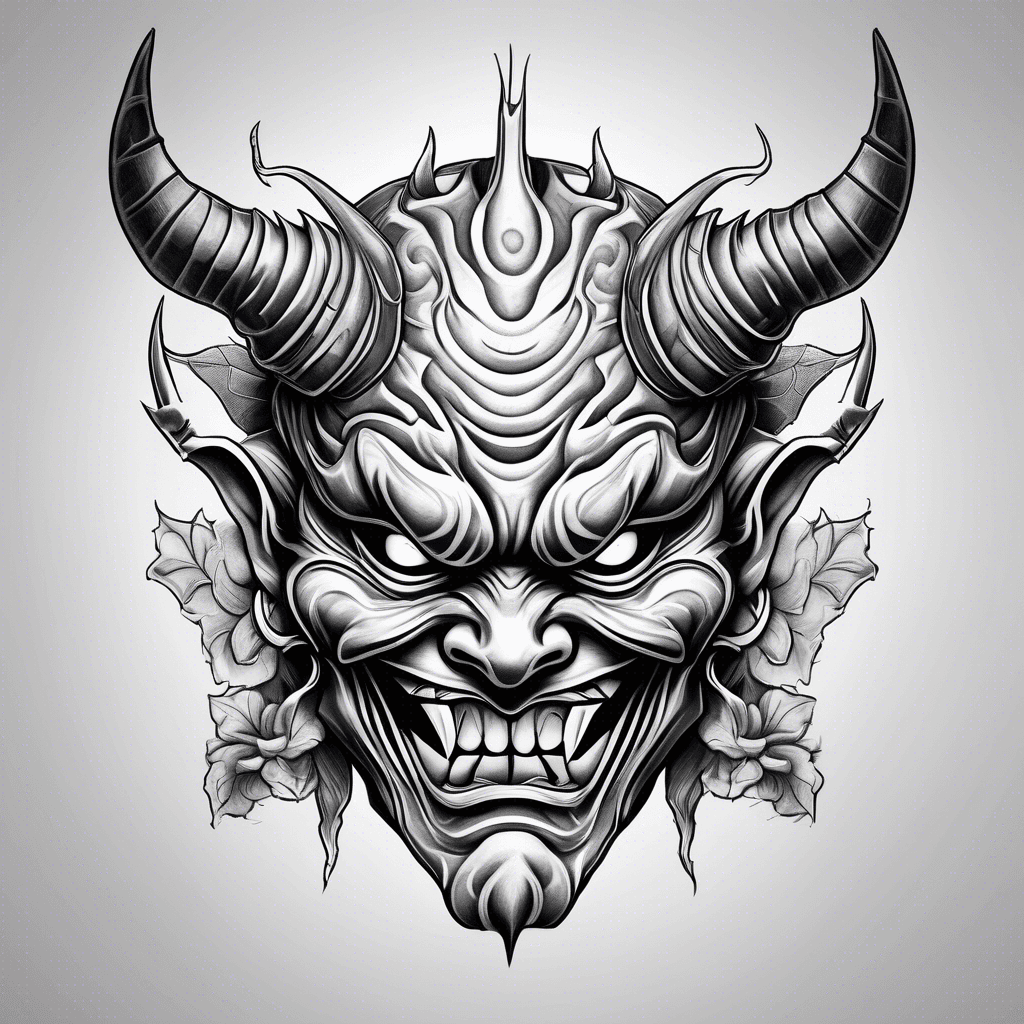 Oni mask with 3 horns and knife in mouth