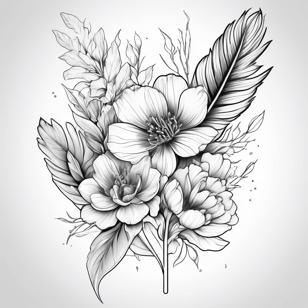 Forearm tattoo of April and February birth flowers with small feathers