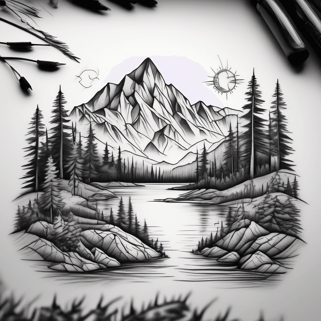 Mountains, forrest, small tent, sunset, lake
