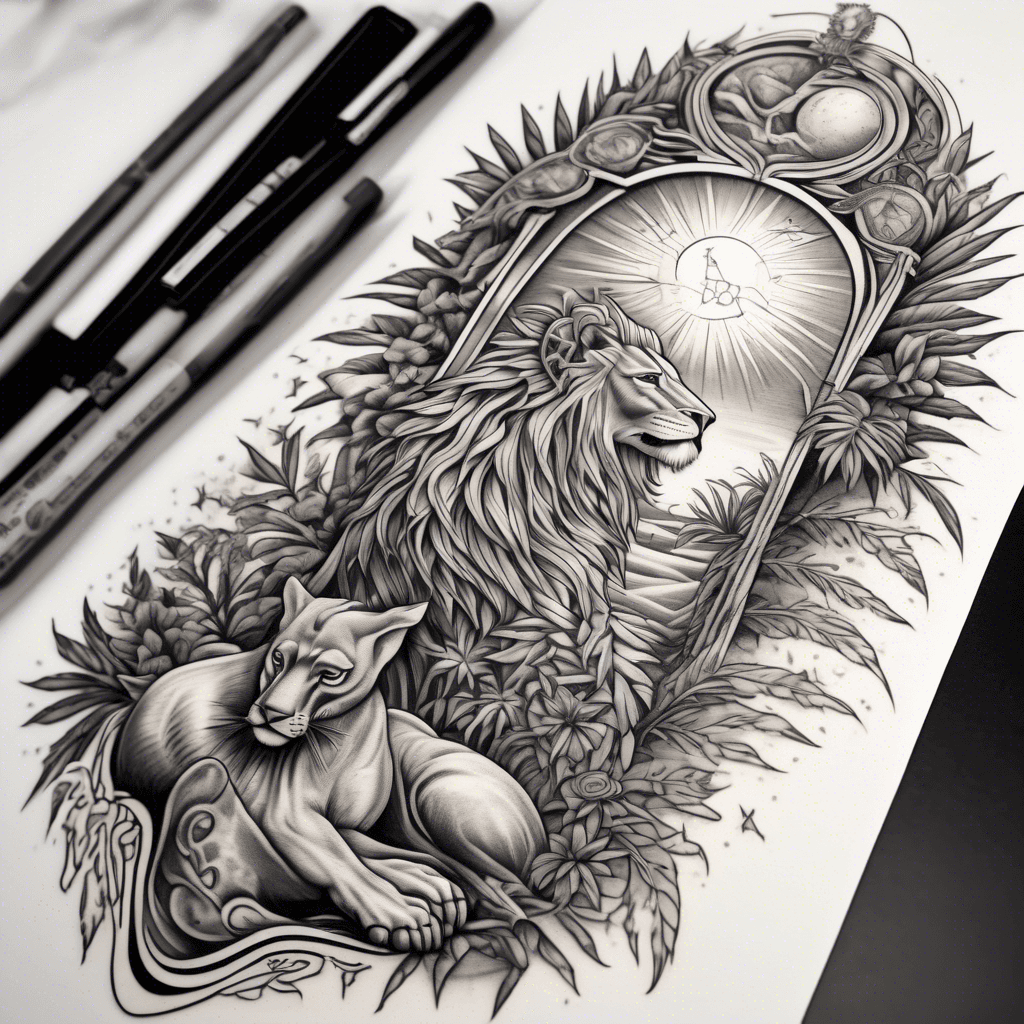 This forearm tattoo includes an olive tree, scales of justice, the lion of Judah, a mandrake, palm trees, a gazelle, the sun, the moon, stars, the Tower of David, a cloth tent, a wolf, a ship, and six angel wings.