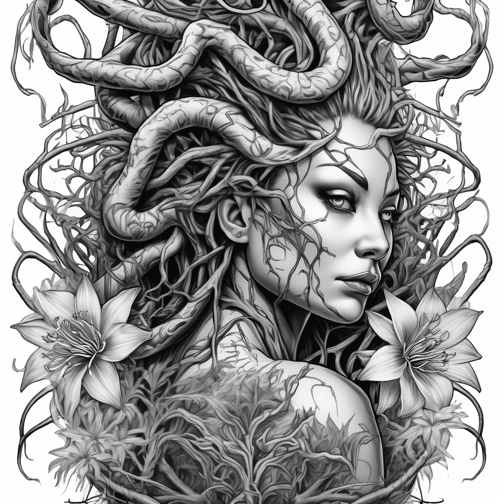 A venomous tree encircled by vibrant spider lilies, with a fierce Medusa emerging in the background, intertwining nature and myth.