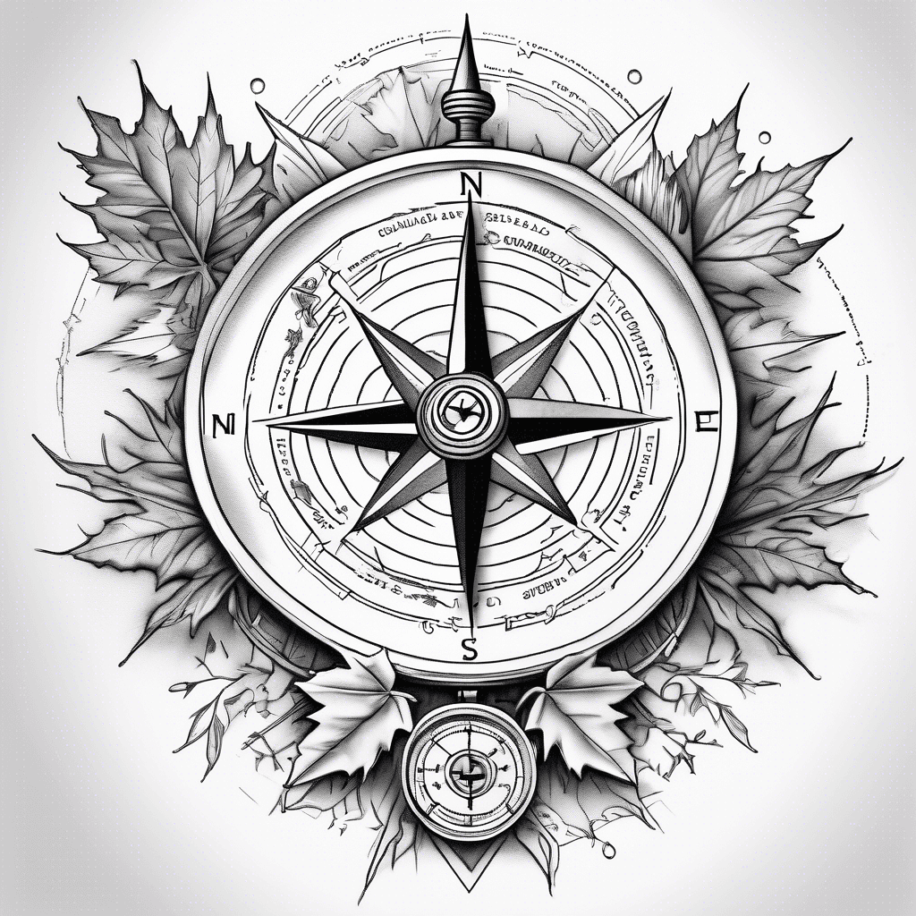 Compass. North pointing to a maple leaf and bear. South pointing to quokka and southern Cross star