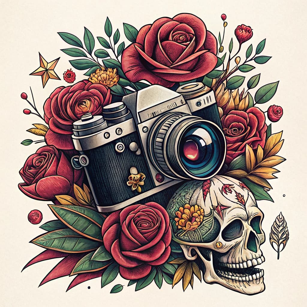 An illustration of a vintage camera intertwined with floral elements.