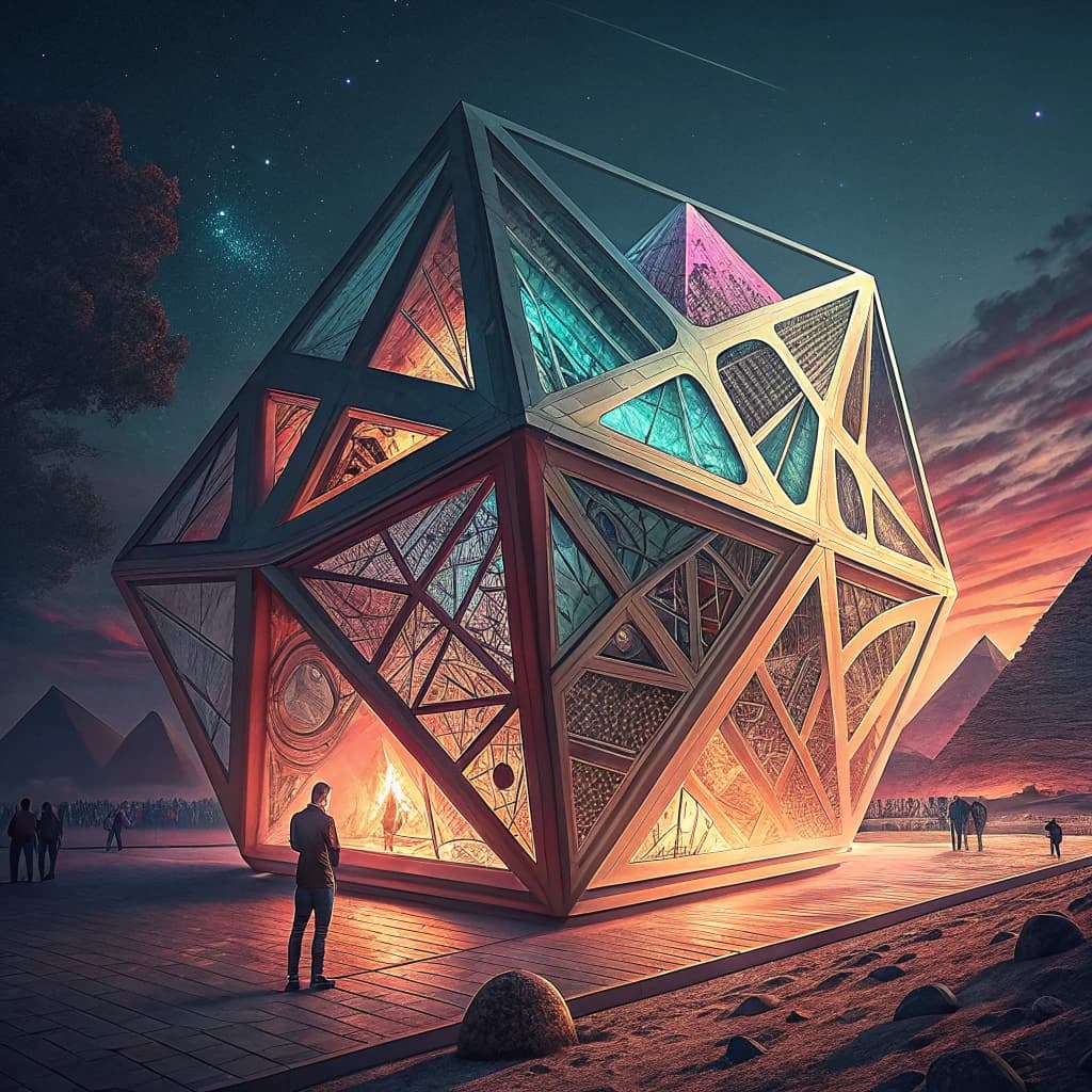 Concept: Design a three-dimensional representation of a tesseract, a four-dimensional cube, symbolizing higher dimensions and the possibility of time travel. Style: Abstract and geometric, with sharp lines and angles that create an illusion of depth and movement. The design should be visually complex and challenging to comprehend, reflecting the mind-bending nature of the concept. Color: Use a vibrant, neon color palette to represent the otherworldly nature of higher dimensions. You can also incorporate black and white to create contrast and emphasize the geometric shapes.