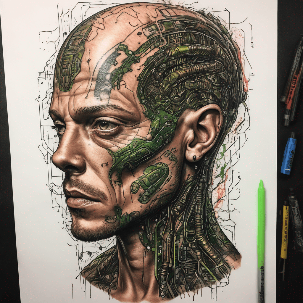 Human male head. The sides are top physically damaged. Underneath the wounds is alien technology. It looks like circuit boards but the components are alien organic chunks of alien flesh. They're also damaged and leaking florescent/ neon bodily fluids