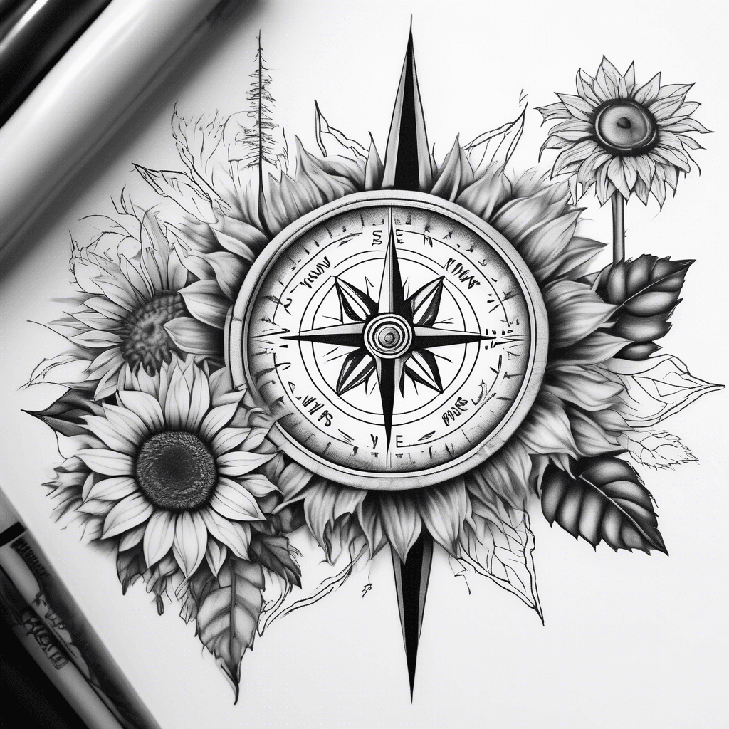 compass rose with lake and mountains and sunflowers
