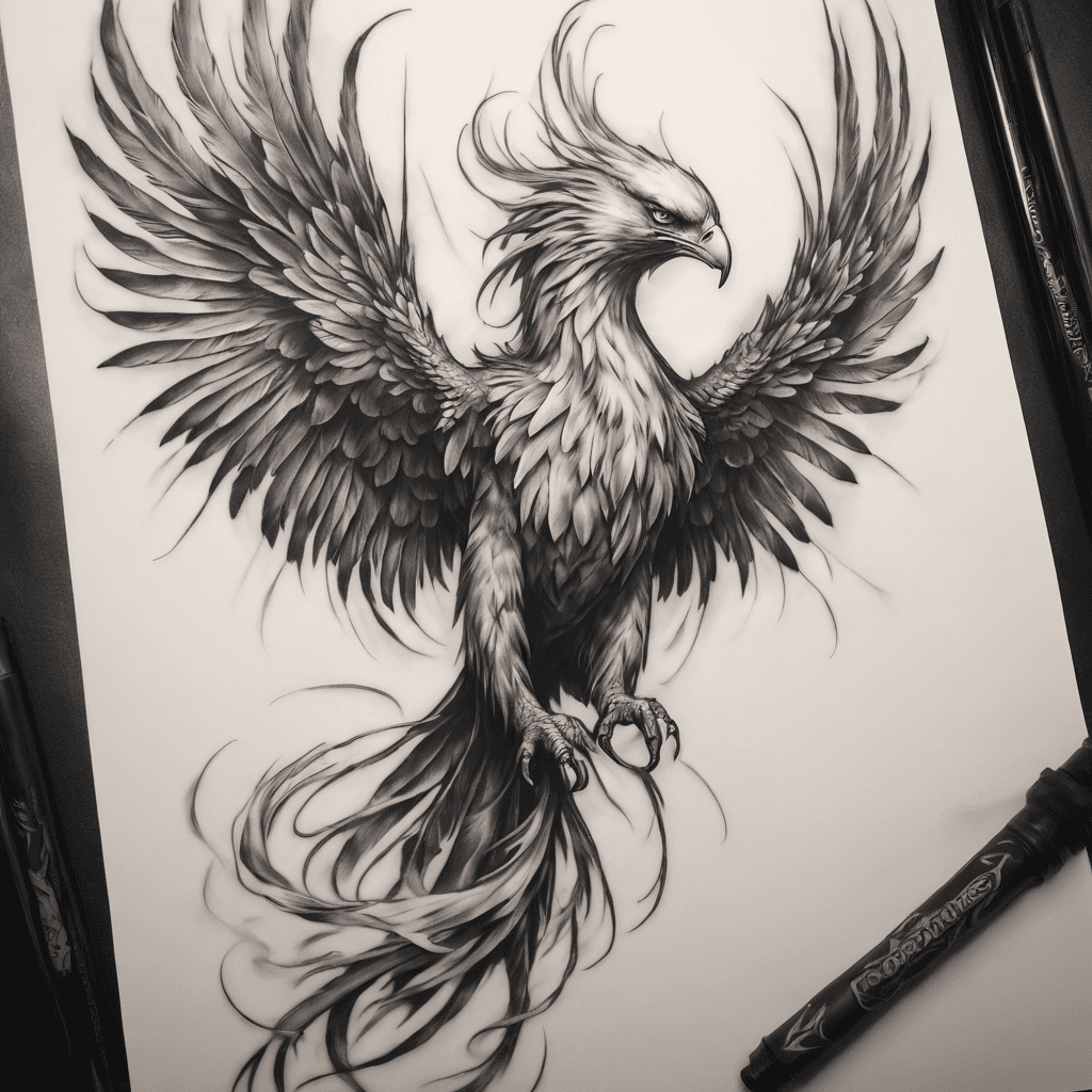 Downward phoenix flying with claws grabbing a staff