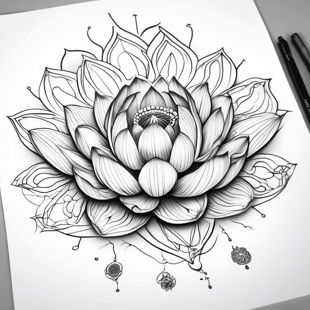Mother daughter lotus flower with a small bean in the center and fine decorate lines around the flower that lead to a ladybug