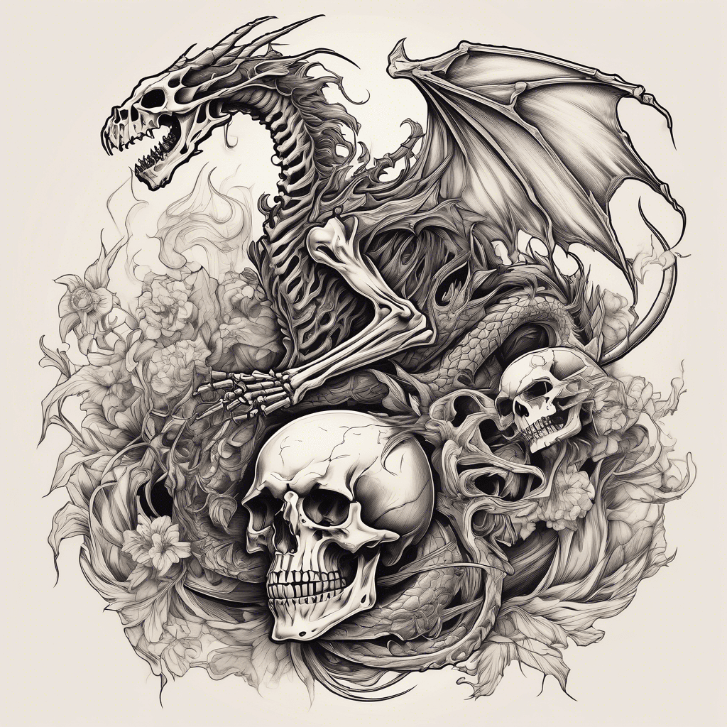 Skeleton dragon with smoke, skulls around it, and the grim reaper beside it