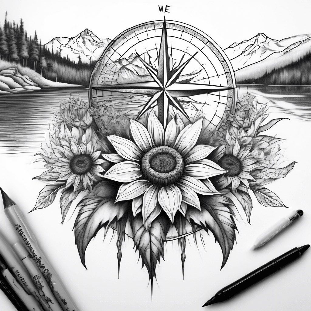 compass rose in front of lake, mountains, 2 sunflowers
