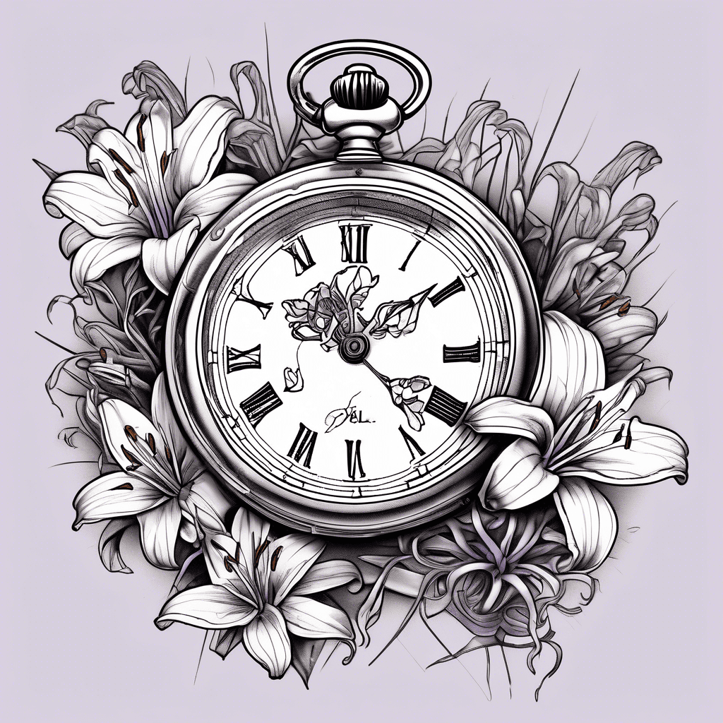 Pocket watch open. Hands on watch pointing at 6:57. Lid of watch says James Paul Kapp 02/27/2012. Amethyst birthstone in color and tiger lilies around watch in color