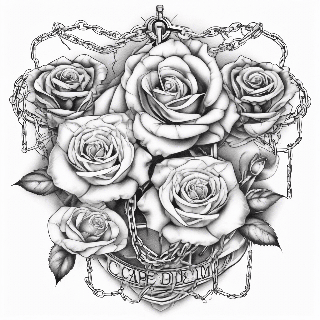 A fine line tattoo with 2 roses, a cross and chains incorporated feminine tattoo just 2 roses and can it have writing as well saying”carpe diem”