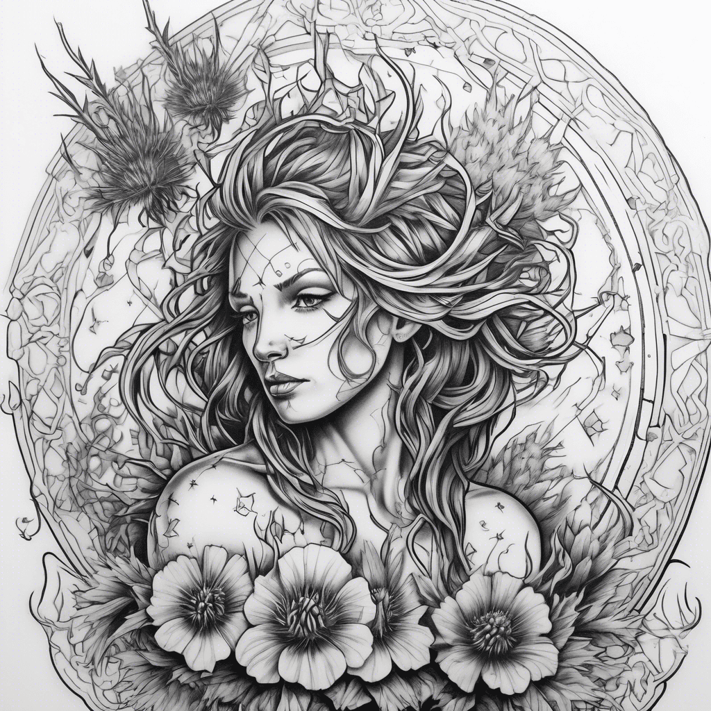 A mix between Irish and Scottish design, to represent strength courage and freedom, to have a mix between a Scottish thistle and Irish clover, to have constellation fillers and a Capricorn symbol