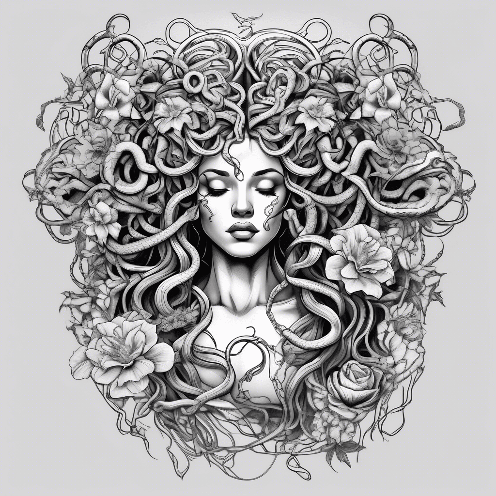 Medusa, crying, 5 flowers, 5 snakes for hair, broken chain