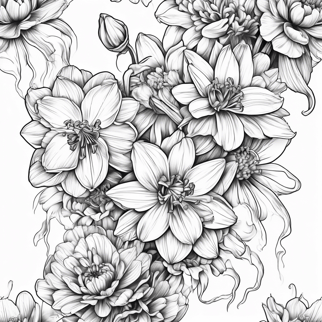 Narcissus flowers and chrysanthemums with sweet peas entwined