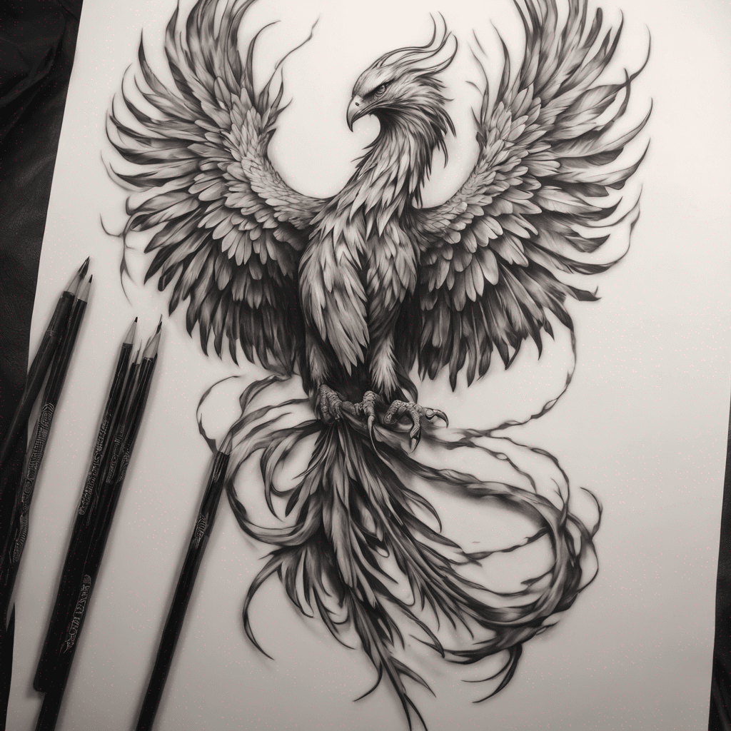 Downward phoenix with claws grabbing a staff