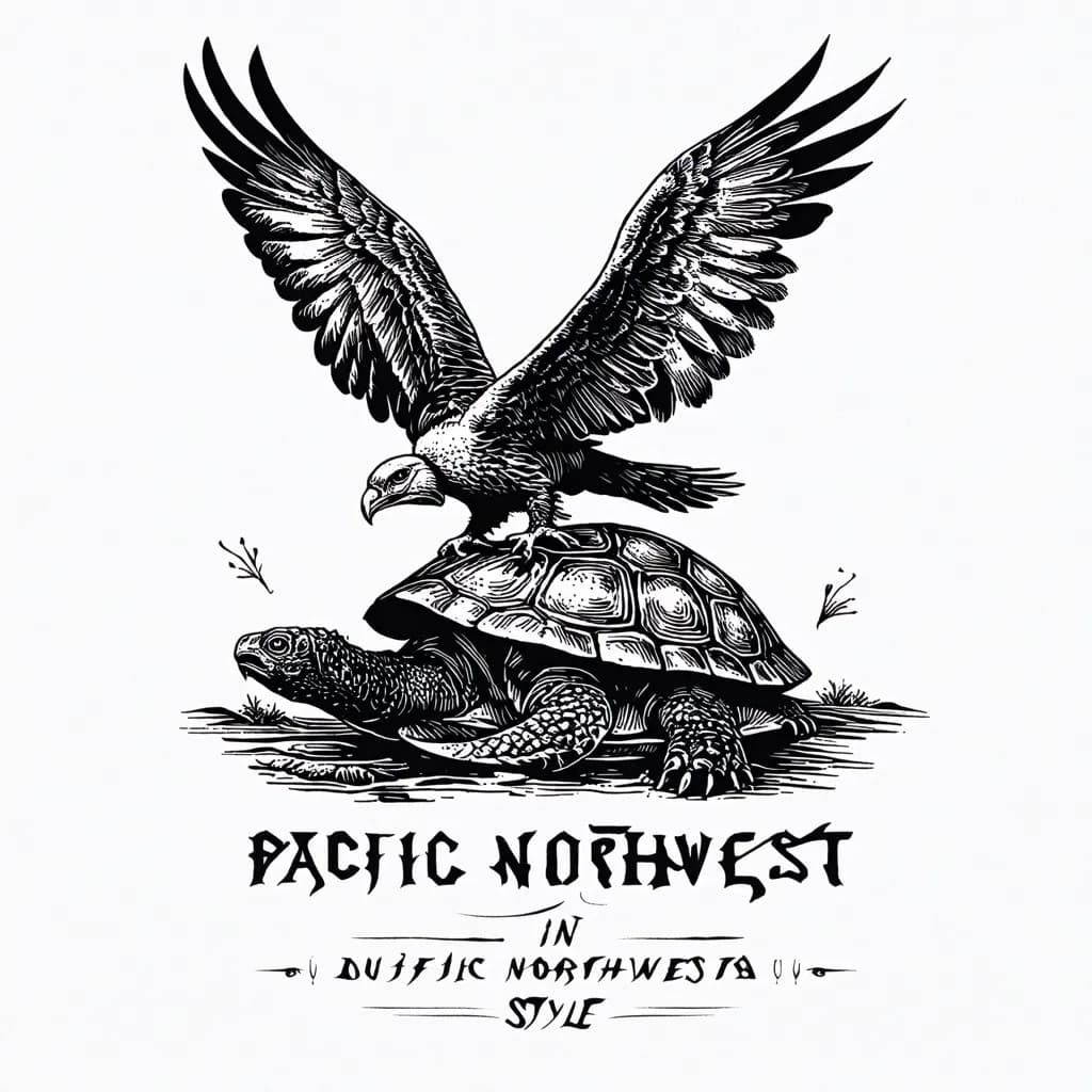 Hawk flying above a turtle in pacific northwest art style