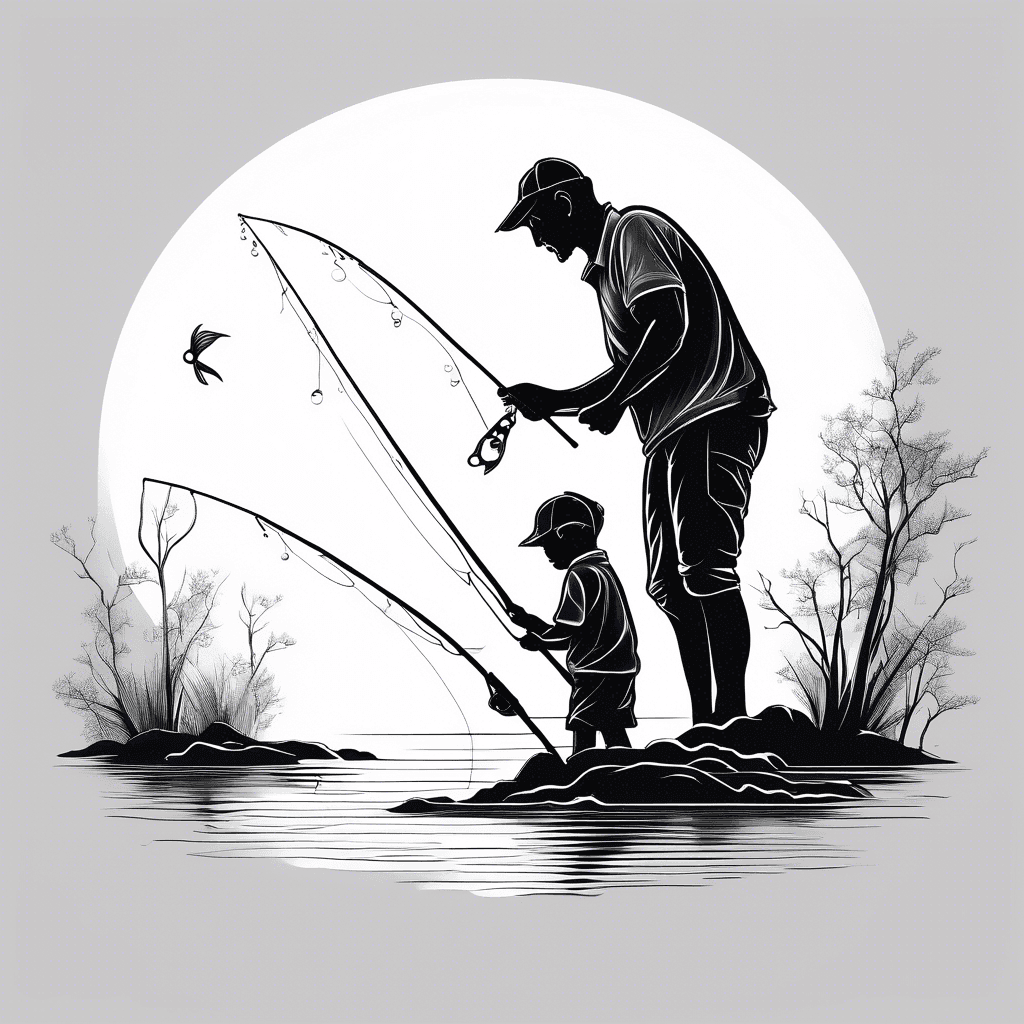 a minimalistic silhouette of a father and son fishing
