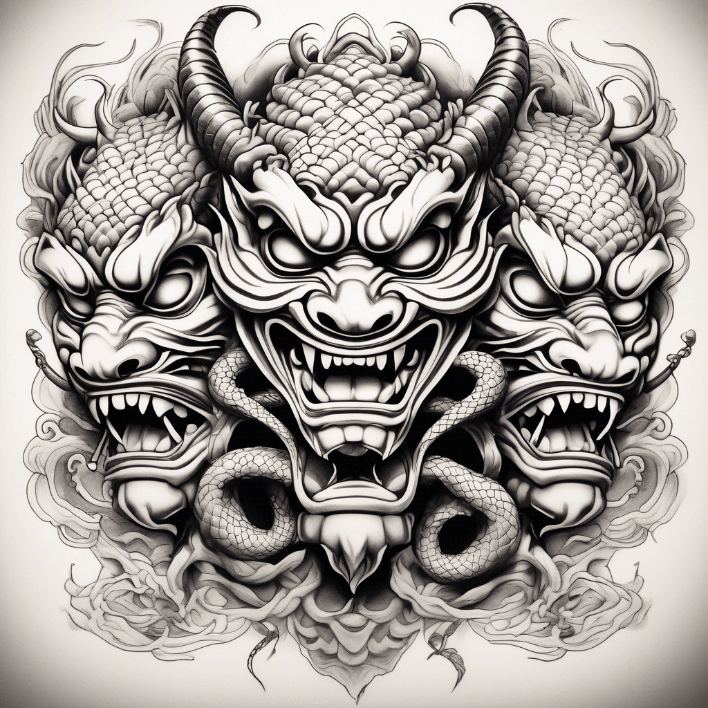 3 oni masks in a row with a snake passing through the mouth of the first, entering the eyes of the second and exiting through the ears of the third one