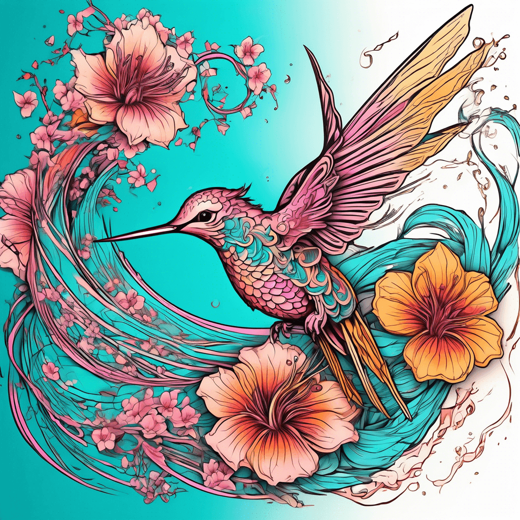 full sleeve swirling colibri on amber fiery, turquoise and magenta color fading background