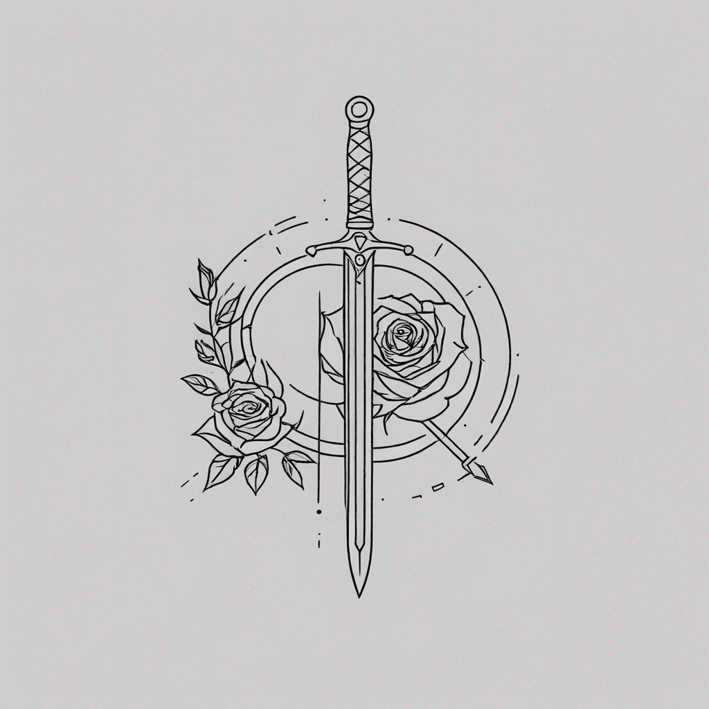 Roman gladiator battle sword and combat shield and rose