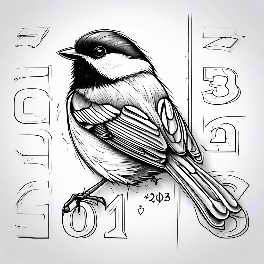 Chickadee on a sidewalk with the numbers 523 on the sidewalk