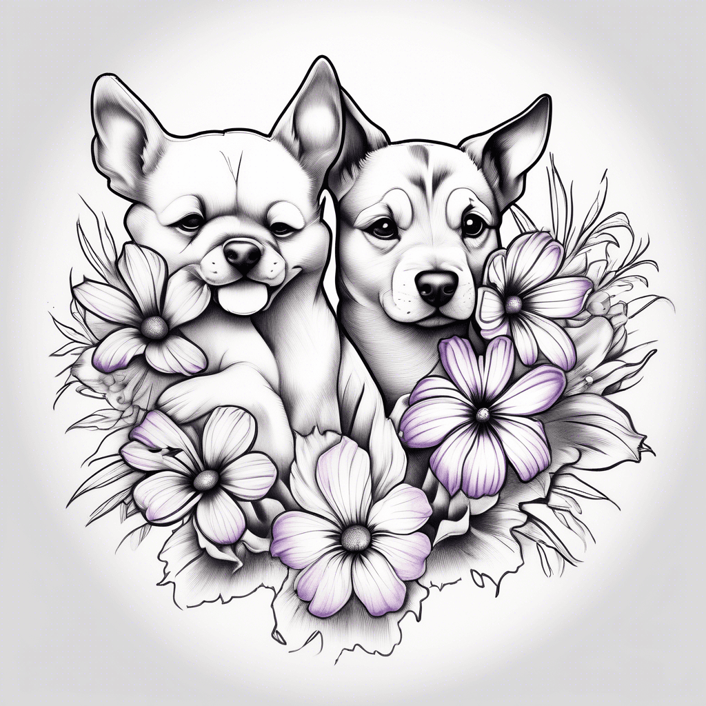 3 dog paws 2 big ones 1 little With flowers A violet , daisy and gladiolus